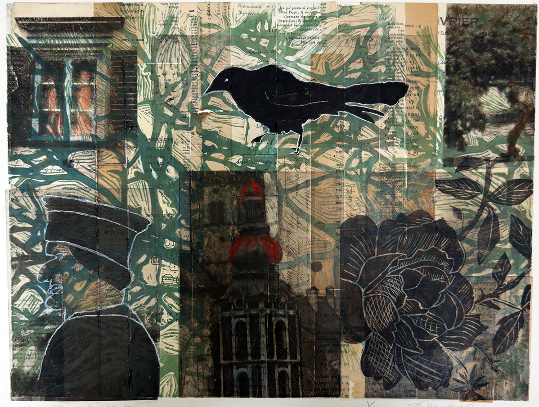 1st Place - Sharon Navage “The Weft and the Warp” Multiple photopolymer plates on a collage background