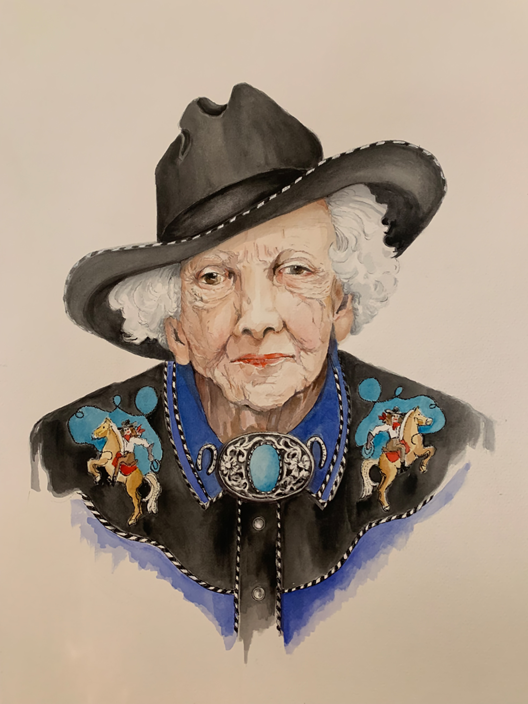 Narda Poe “Connie Reeves, the Oldest Cowgirl” Watercolor Narda Poe “Connie Reeves, the Oldest Cowgirl” Watercolor